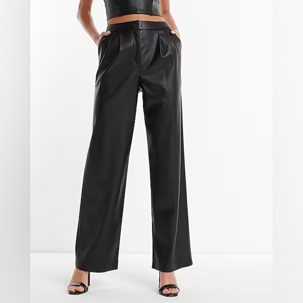 Express Super High Waisted Faux Leather Pleated Wide Leg Pant